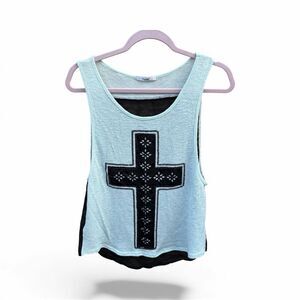 Papaya Light Blue/Black Cross Sleeveless Tank Top Small Religion Faith Festival